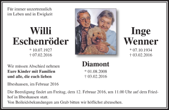 Traueranzeige von Willi Eschenröder, Inge Wenner und Diamont von VRM Trauer