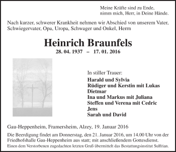 Traueranzeige von Heinrich Braunfels von  Allgemeine Zeitung Alzey