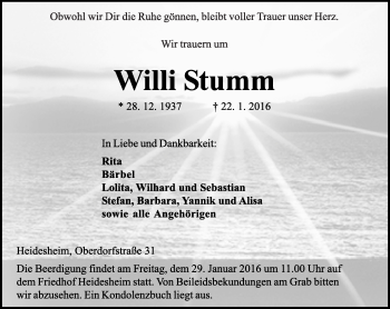 Traueranzeige von Willi Stumm von  Allgemeine  Zeitung Ingelheim-Bingen