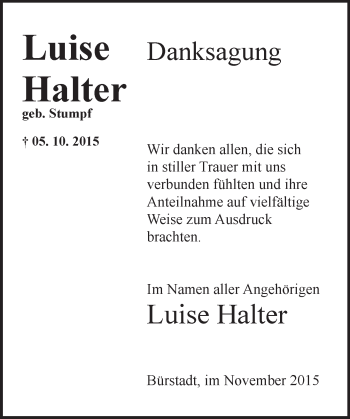 Traueranzeige von Luise Halter von  Bürstädter Zeitung