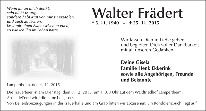  Traueranzeige für Walter Frädert vom 04.12.2015 aus  Bürstädter Zeitung