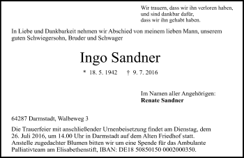 Traueranzeige von Ingo Sandner von Trauerportal Echo Online