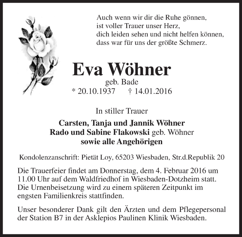  Traueranzeige für Eva Wöhner vom 02.02.2016 aus  Wiesbaden komplett