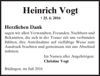 Traueranzeige von Heinrich Vogt von  Sonntags Anzeiger