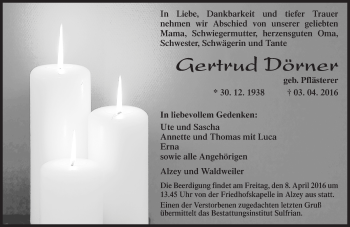 Traueranzeige von Gertrud Dörner von  Allgemeine Zeitung Alzey