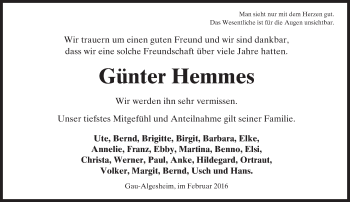 Traueranzeige von Günter Hemmes von  Allgemeine  Zeitung Ingelheim-Bingen