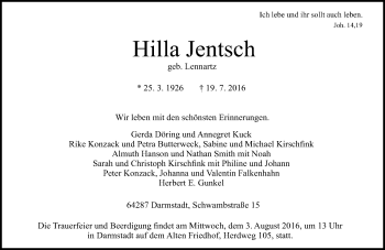 Traueranzeige von Hilla Jentsch von Trauerportal Echo Online
