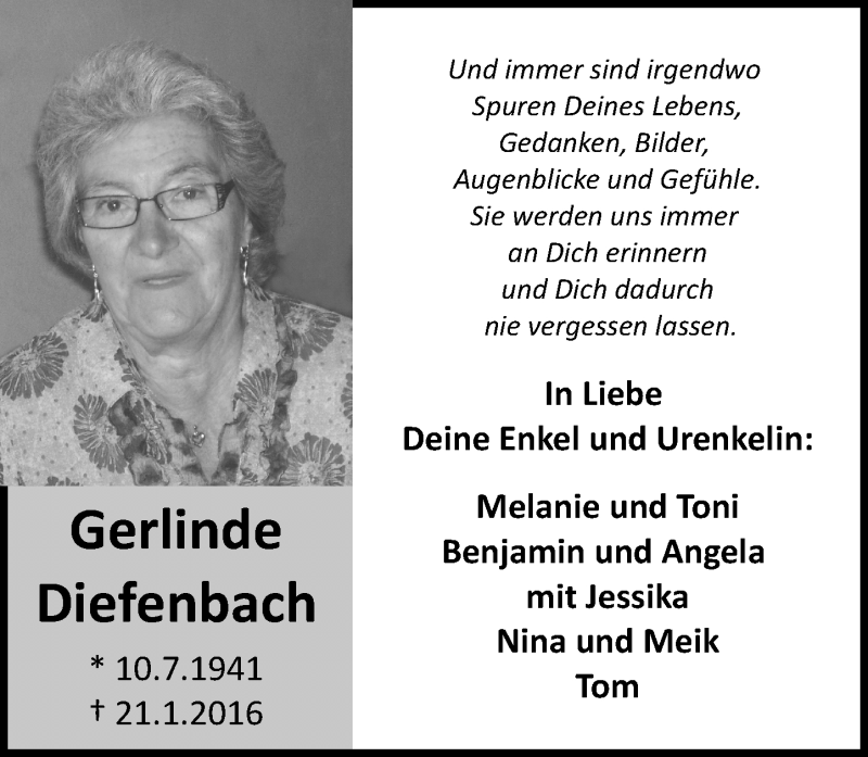  Traueranzeige für Gerlinde Diefenbach vom 25.01.2016 aus  WK-UTA/Aar-Bote