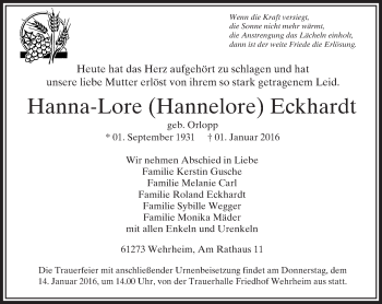 Traueranzeige von Hanna-Lore  Eckhardt von  Usinger Anzeiger