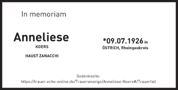 Traueranzeige von Anna-Elisabeth KOERS von Trauerportal Rhein Main Presse