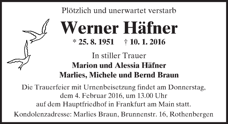  Traueranzeige für Werner Häfner vom 30.01.2016 aus  GT Extra