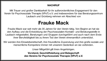 Traueranzeige von Frauke Mack von  Kreisanzeiger