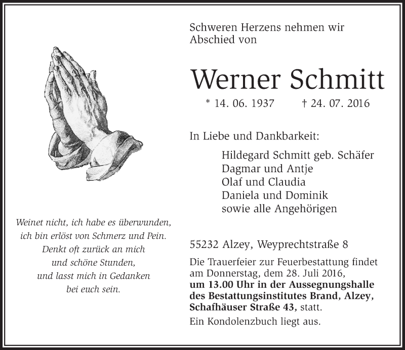  Traueranzeige für Werner Schmitt vom 26.07.2016 aus Trauerportal Rhein Main Presse