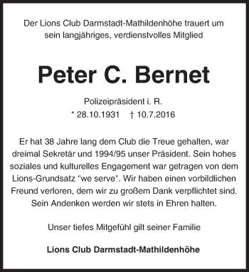 Traueranzeige von Peter C. Bernet von Trauerportal Echo Online