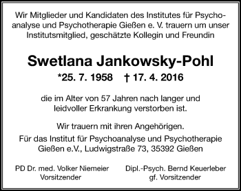 Traueranzeige von Swetlana Jankowsky-Pohl von  Gießener Anzeiger