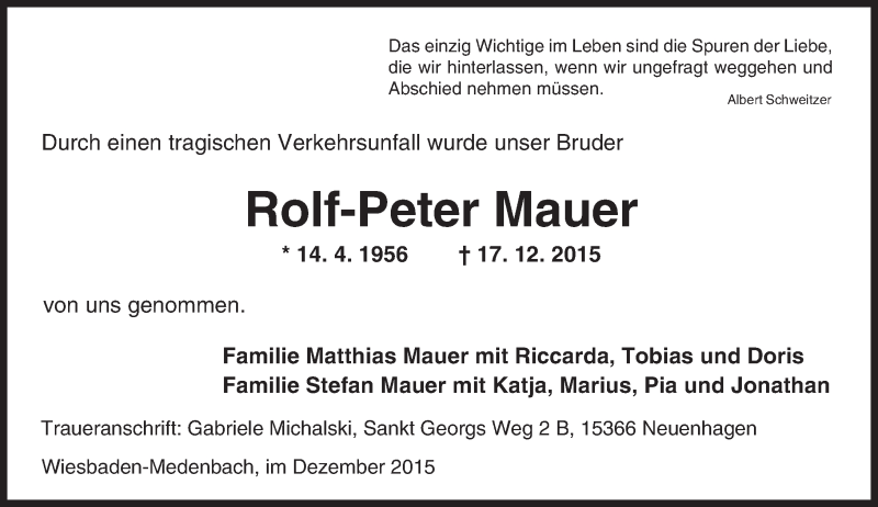  Traueranzeige für Rolf-Peter Mauer vom 31.12.2015 aus  Wiesbaden komplett