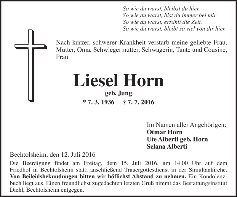  Traueranzeige für Liesel Horn vom 12.07.2016 aus Trauerportal Rhein Main Presse