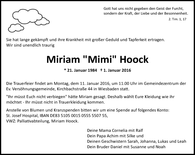  Traueranzeige für Miriam  Hoock vom 06.01.2016 aus  Wiesbaden komplett
