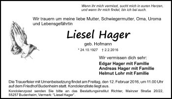 Traueranzeige von Liesel Hager von  Allgemeine Zeitung Mainz