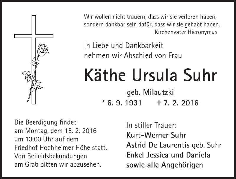  Traueranzeige für Käthe Ursula Suhr vom 12.02.2016 aus  Wormser Zeitung