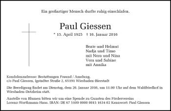 Traueranzeige von Paul Giessen von  Wiesbaden komplett