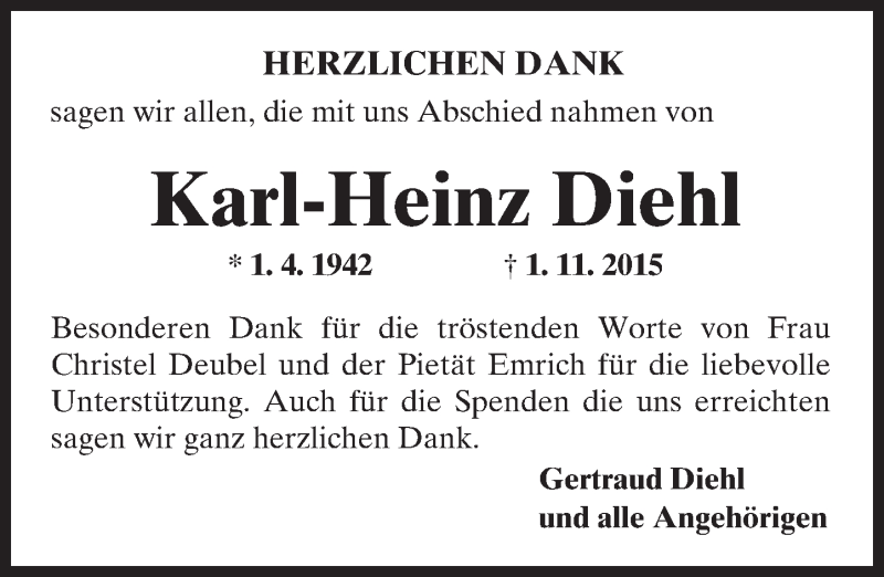  Traueranzeige für Karl-Heinz Diehl vom 05.12.2015 aus  Sonntags Anzeiger