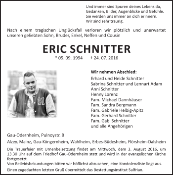 Traueranzeige von Eric Schnitter von Trauerportal Rhein Main Presse