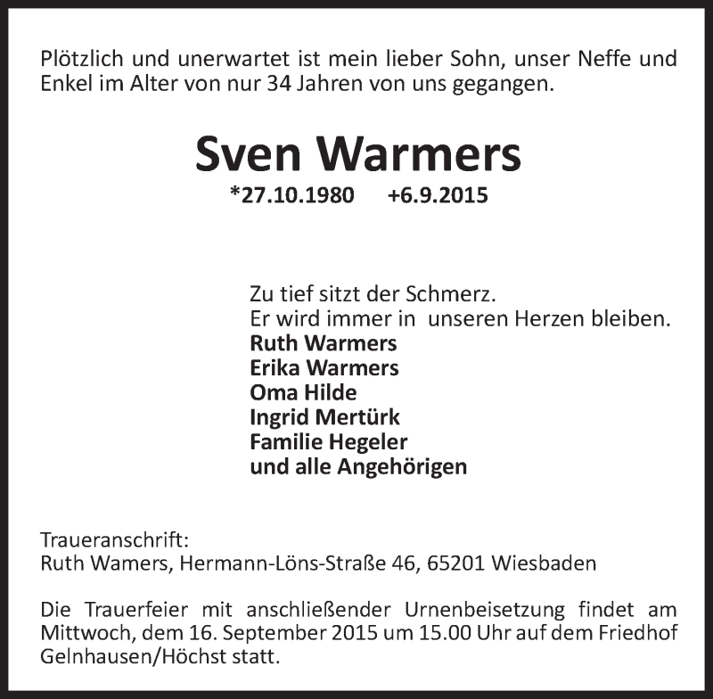  Traueranzeige für Sven Warmers vom 15.09.2015 aus  WI-komplett