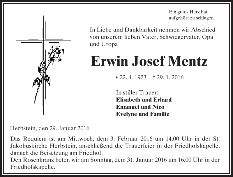  Traueranzeige für Erwin Josef Mentz vom 30.01.2016 aus VRM Trauer