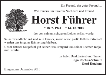 Traueranzeige von Horst Führer von  Allgemeine  Zeitung Ingelheim-Bingen