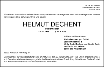 Traueranzeige von Helmut Dechent von  Allgemeine Zeitung Alzey