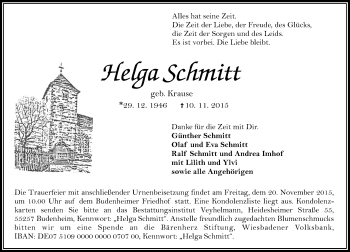 Traueranzeige von Helga Schmitt von  Allgemeine Zeitung Mainz