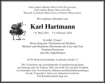 Traueranzeige von Karl Hartmann von  Usinger Anzeiger