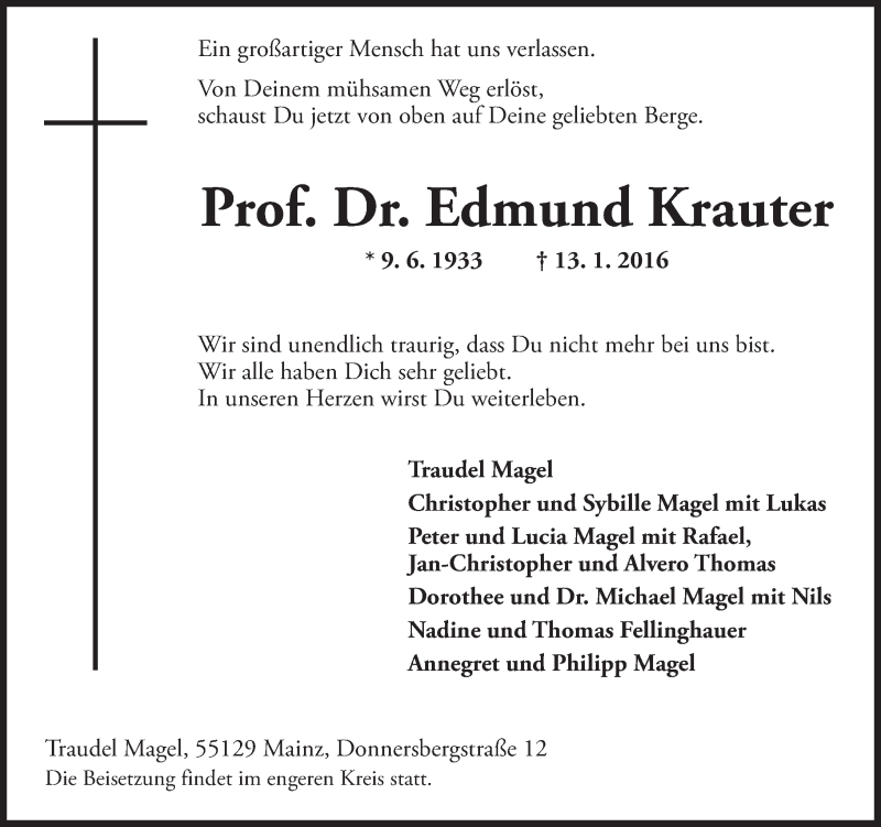  Traueranzeige für Edmund Krauter vom 18.01.2016 aus  Allgemeine Zeitung Mainz