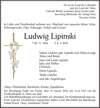 Traueranzeige von Ludwig Lipinski von  Allgemeine Zeitung Alzey