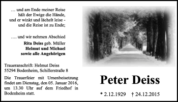 Traueranzeige von Peter Deiss von  Allgemeine Zeitung Mainz
