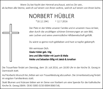 Traueranzeige von Norbert Hübler von Trauerportal Echo Online