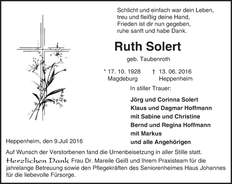  Traueranzeige für Ruth Solert vom 09.07.2016 aus Trauerportal Echo Online