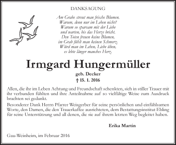 Traueranzeige von Irmgard Hungermüller von  Allgemeine Zeitung Alzey