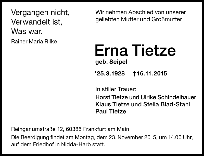  Traueranzeige für Erna Tietze vom 21.11.2015 aus  Kreisanzeiger