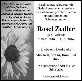 Traueranzeige von Rosel Zedler von  WK-UTA/Aar-Bote