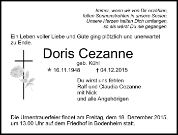 Traueranzeige von Doris Cezanne von  Allgemeine Zeitung Mainz