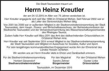 Traueranzeige von Heinz Kreutler von  WK-UTA/Aar-Bote