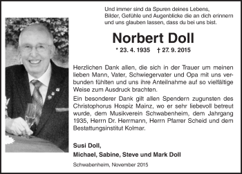 Traueranzeige von Norbert Doll von  Allgemeine  Zeitung Ingelheim-Bingen