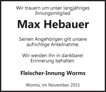 Traueranzeige von Max Hebauer von  Wormser Zeitung