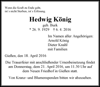Traueranzeige von Hedwig König von  Gießener Anzeiger