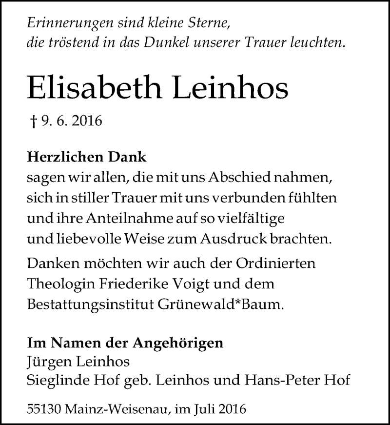  Traueranzeige für Elisabeth Leinhos vom 02.07.2016 aus Trauerportal Rhein Main Presse
