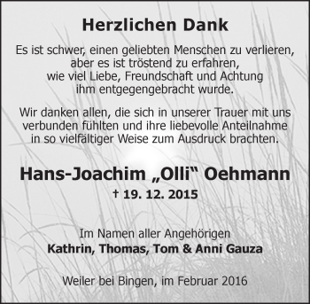 Traueranzeige von Hans-Joachim Oehmann von  Allgemeine  Zeitung Ingelheim-Bingen