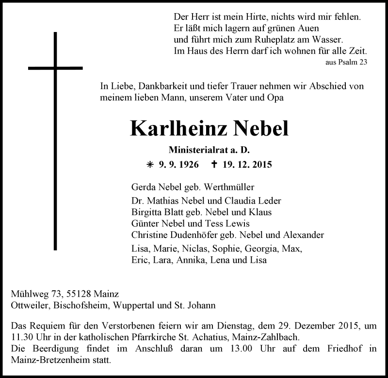  Traueranzeige für Karlheinz Nebel vom 23.12.2015 aus  Mainspitze