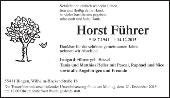 Traueranzeige von Horst Führer von  Allgemeine  Zeitung Ingelheim-Bingen